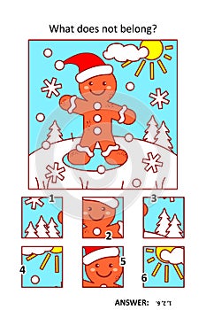 Visual puzzle with picture fragments. Cheerful gingerbread man walking in sunny day. What does not belong? photo